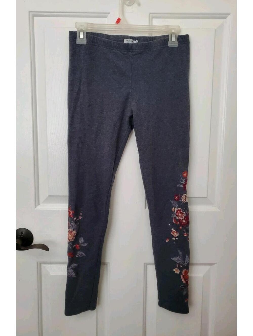 Johnny Was Embroidered Leggings Charcoal Gray Floral Boho Stretch Pants Small